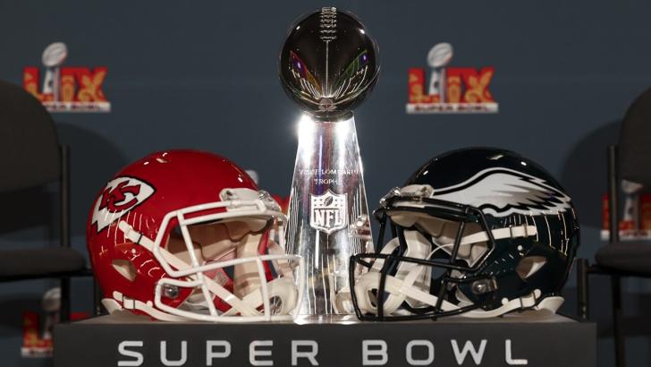 The Super Bowl trophy and CHiefs and Eagles helmets - back our 45-1 Bet Builder 